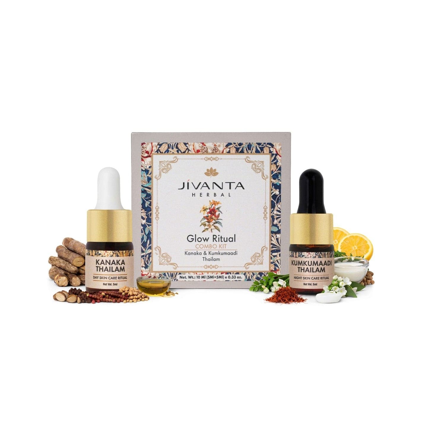 Jivantaherbal Glow Ritual Combo Kit | Kumkumaadi Thailam Ayurvedic Night Oil & Kanaka Thailam Ayurvedic Day Face Oil |10ml (5ml + 5ml)