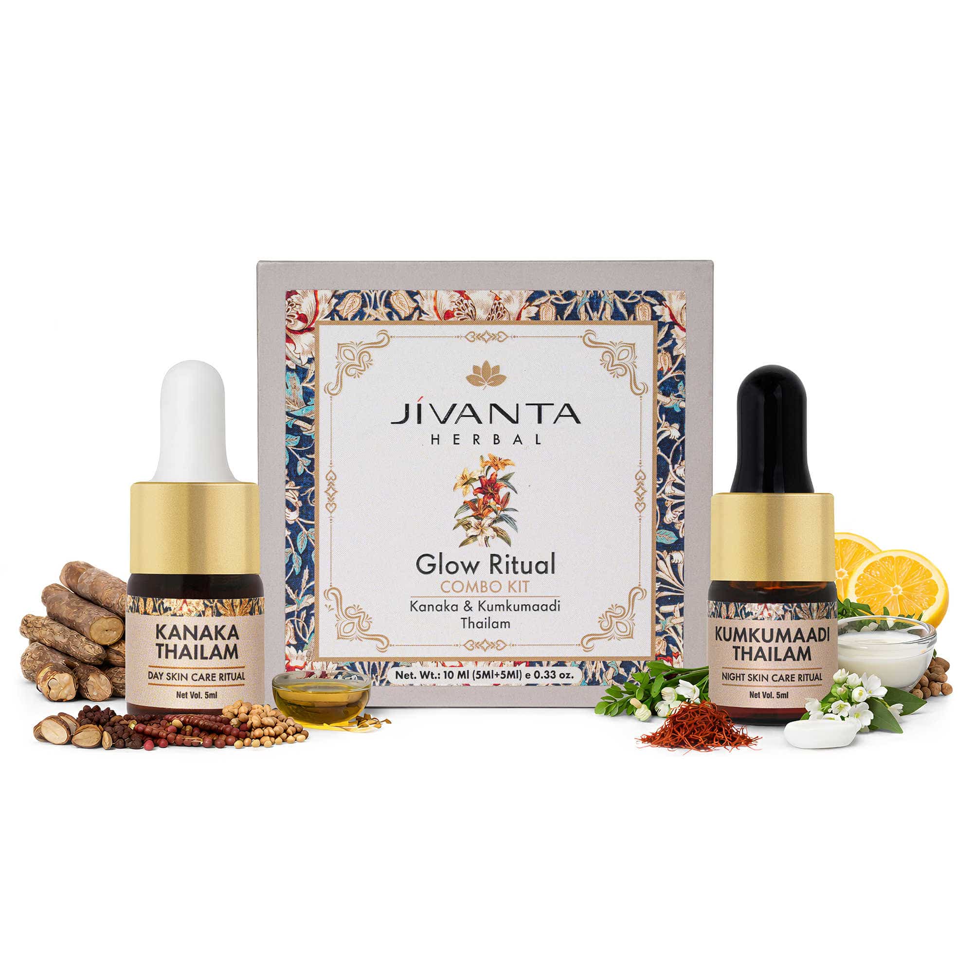 Jivantaherbal Glow Ritual Combo Kit | Kumkumaadi Thailam Ayurvedic Night Oil & Kanaka Thailam Ayurvedic Day Face Oil |10ml (5ml + 5ml)