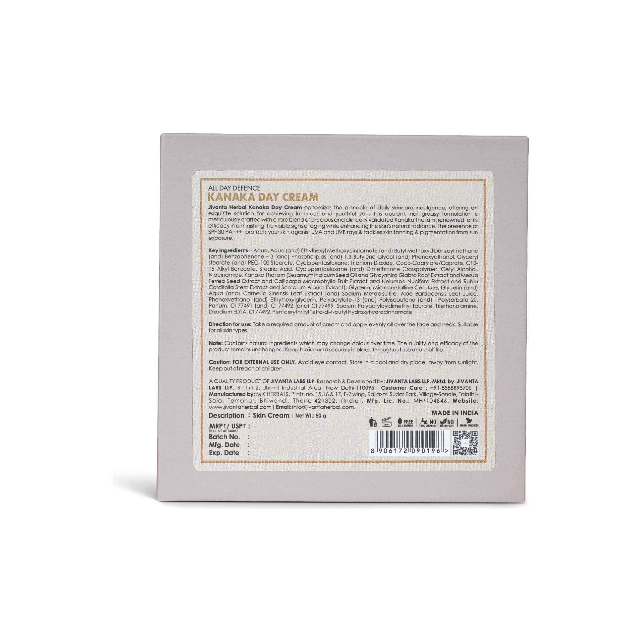 Jivantaherbal Kanaka Day Cream 3 in 1 primer | Moisturizer | Sunscreen with SPF 30+++ / UVA