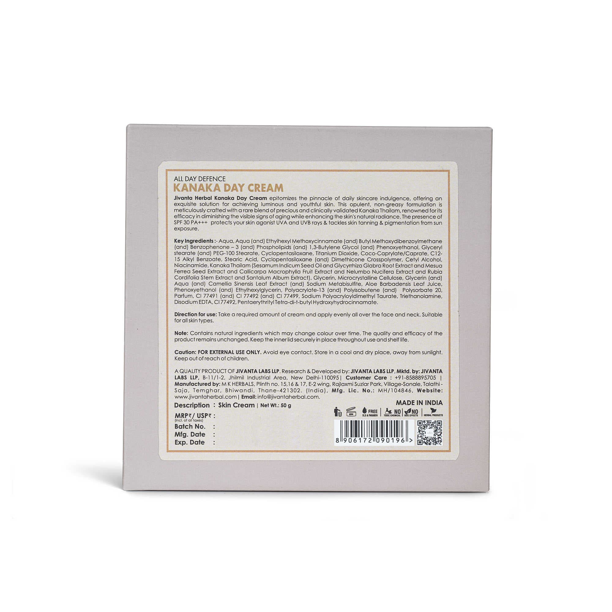 Jivantaherbal Kanaka Day Cream 3 in 1 primer | Moisturizer | Sunscreen with SPF 30+++ / UVA