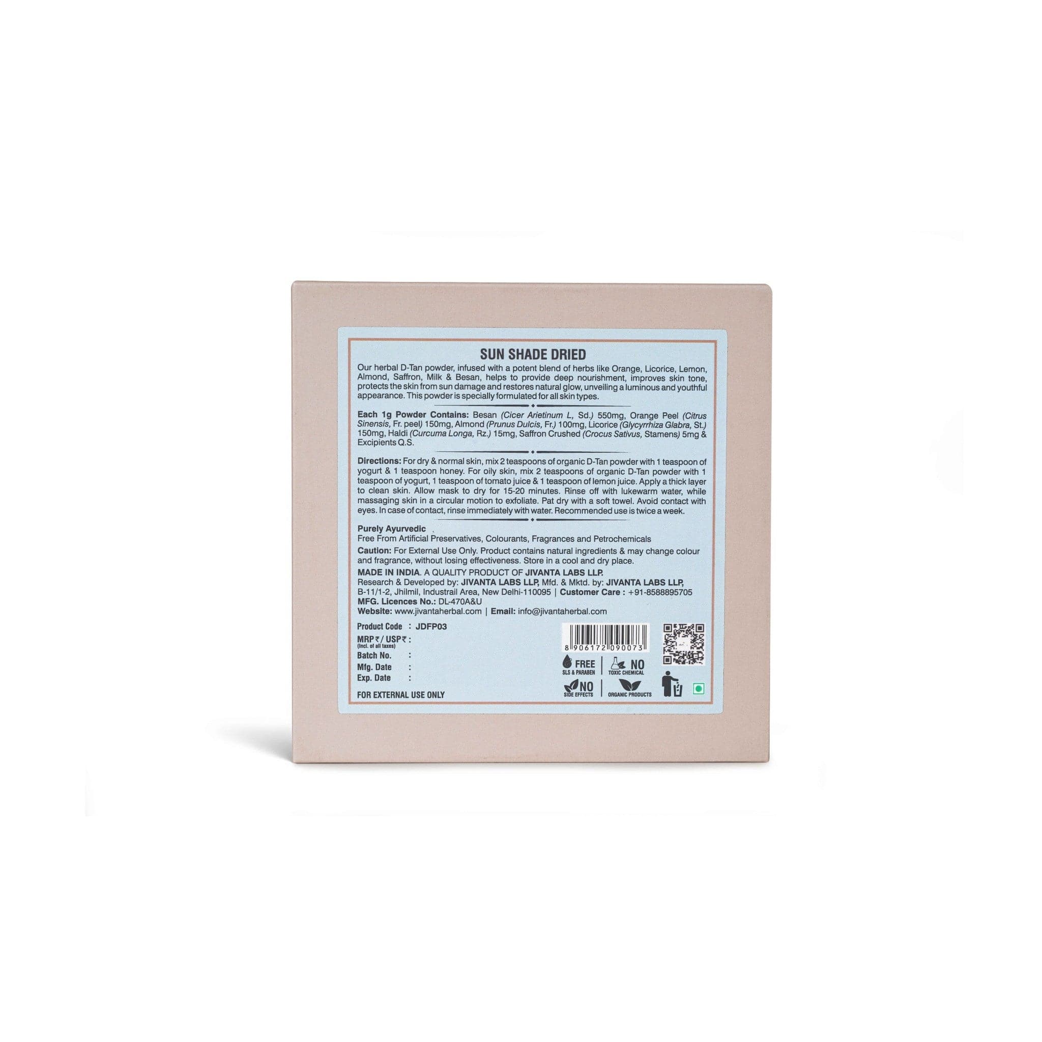 Jivantaherbal D-Tan Face Pack with Almond, Orange & Licorice, Reduces Tan, Brightens, & Evens Skin Tone for All Skin Types