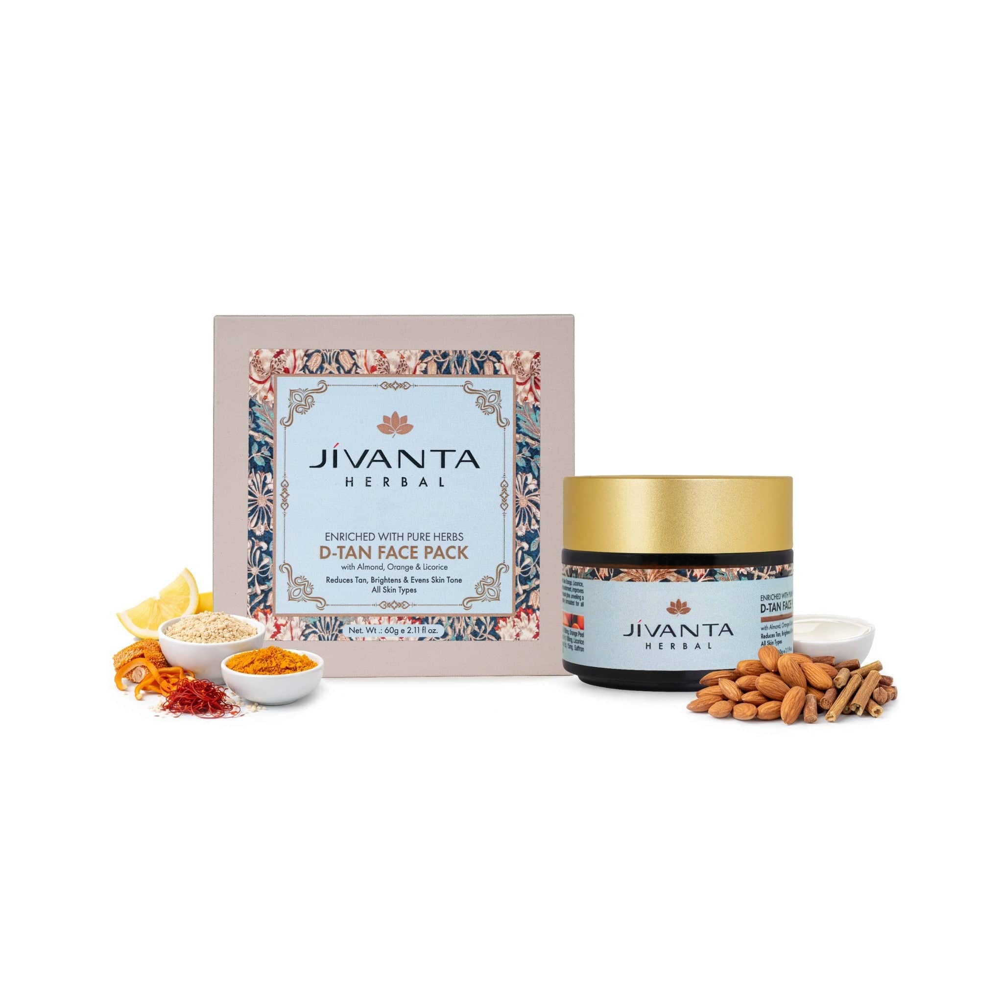 Jivantaherbal D-Tan Face Pack with Almond, Orange & Licorice, Reduces Tan, Brightens, & Evens Skin Tone for All Skin Types