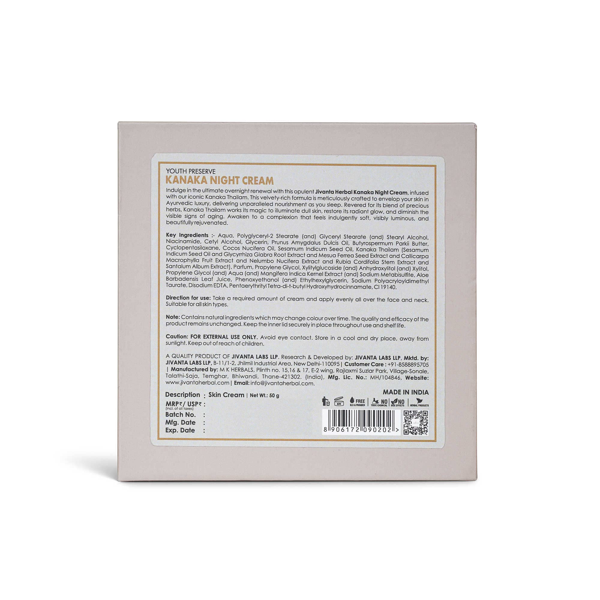 Jivantaherbal Kanaka Night Cream | Repairs & Renews | All Skin Types